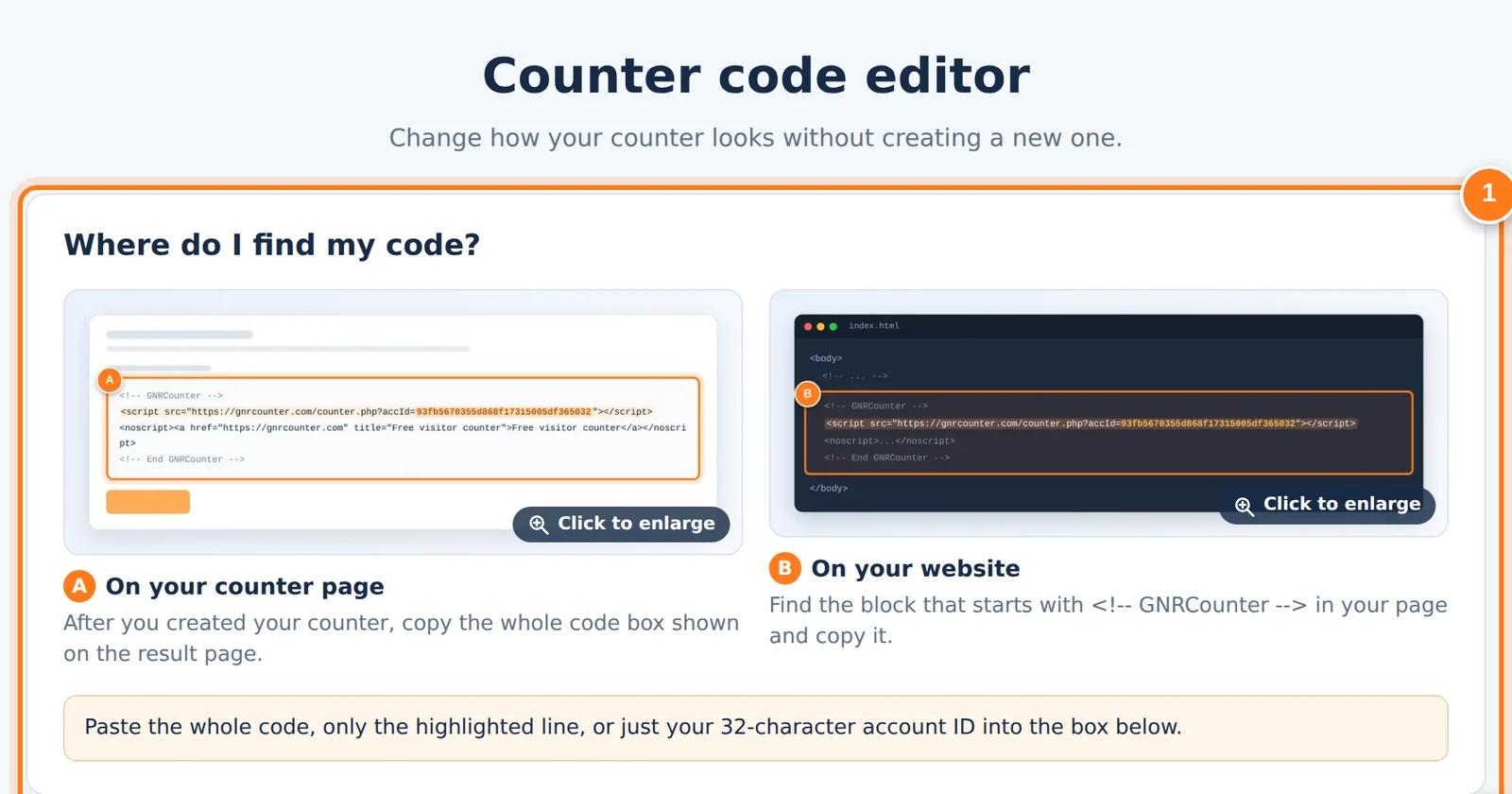 コードを見つけるエリアと貼り付けるボックスがあるGNRCounterのコードエディター