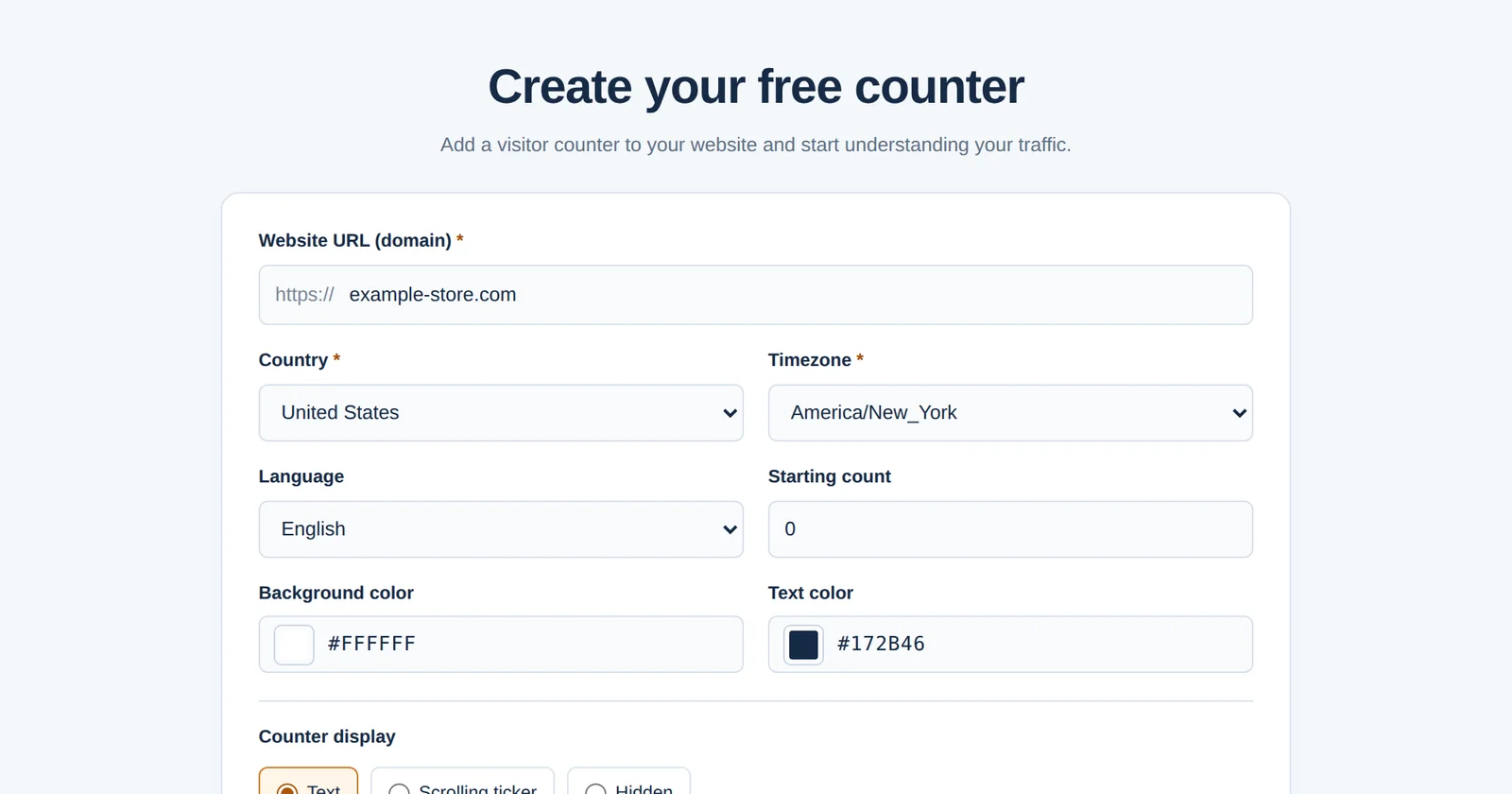 サイト、国、タイムゾーン、言語、表示設定を入力して無料カウンターを作成するGNRCounterのフォーム