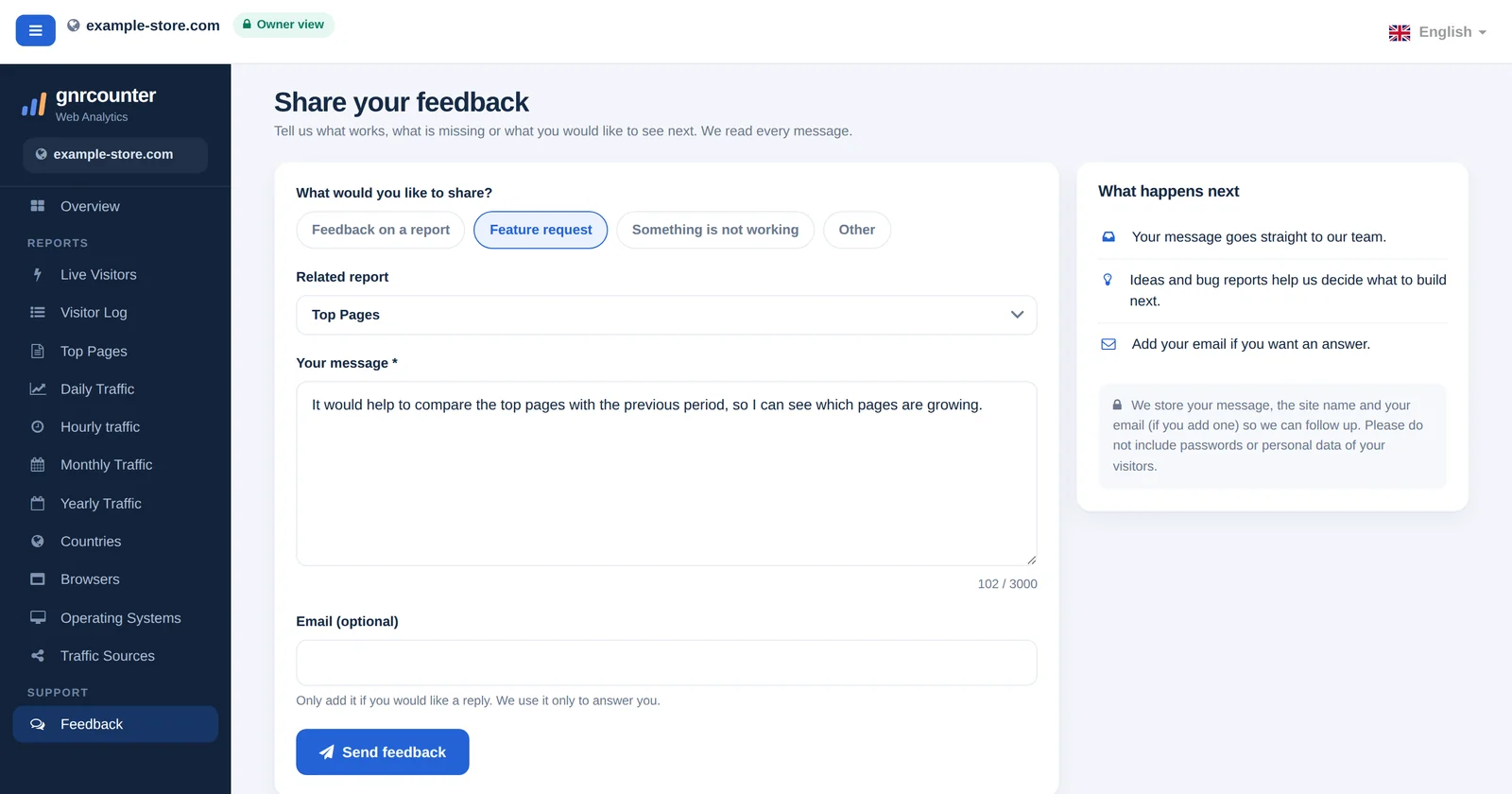 メッセージの種類、関連レポート、メッセージ、メールの欄を持つフォームを表示するGNRCounterの「フィードバック」ページ（サンプルデータ）