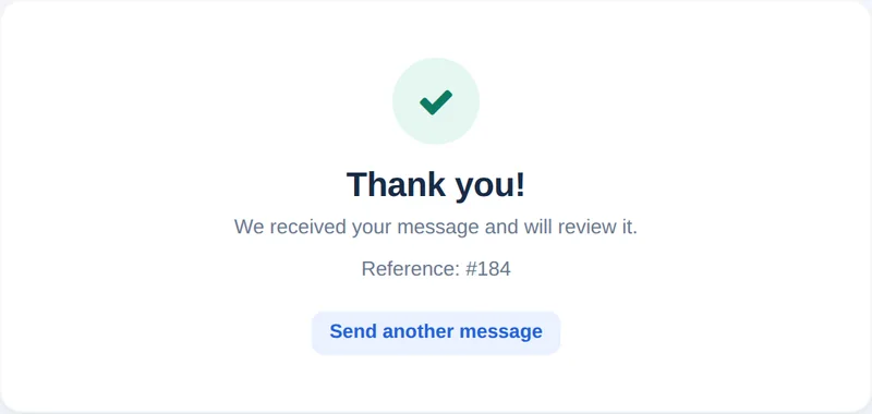 送信後のお礼のメッセージ。受付番号と、別のメッセージを送るボタン付き